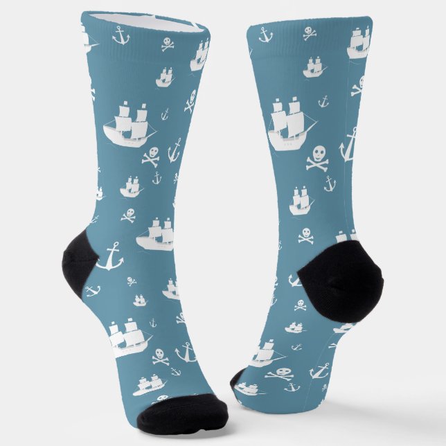 Blue White Pattern Ship Anchor Pirate Socks (Angled)