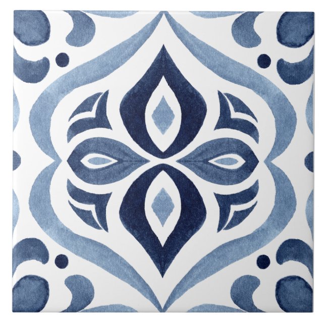 Blue & White Patterned Watercolor Mediterranean Ceramic Tile (Front)
