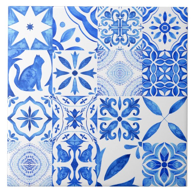 Blue & White Patterned Watercolor Mediterranean Ceramic Tile (Front)