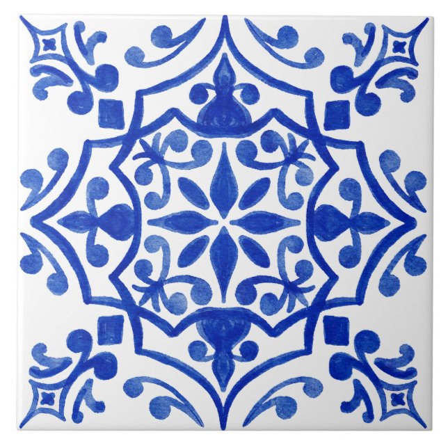Blue & White Patterned Watercolor Mediterranean  Ceramic Tile (Front)