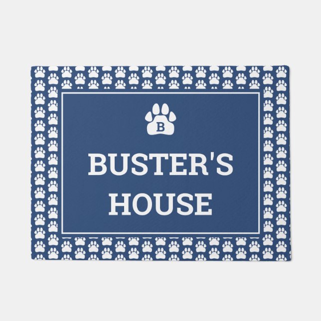 Blue White Paw Print Dog Name Doormat (Front)