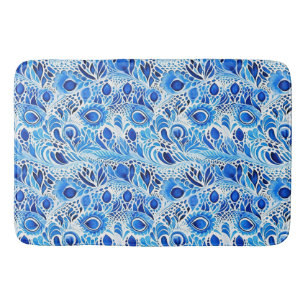 Blue White Peacock Feathers Bath Mat