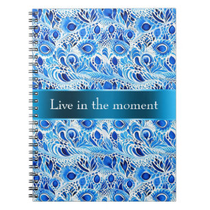 Blue White Peacock Feathers   Notebook