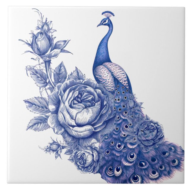 Blue White Peacock Rose  Ceramic Tile (Front)