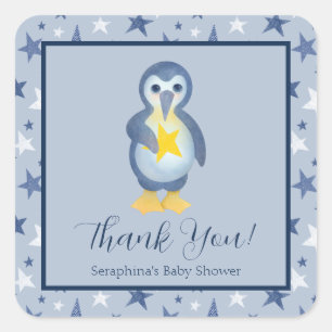 Blue White Penguin Stars Baby Shower Thank You Square Sticker