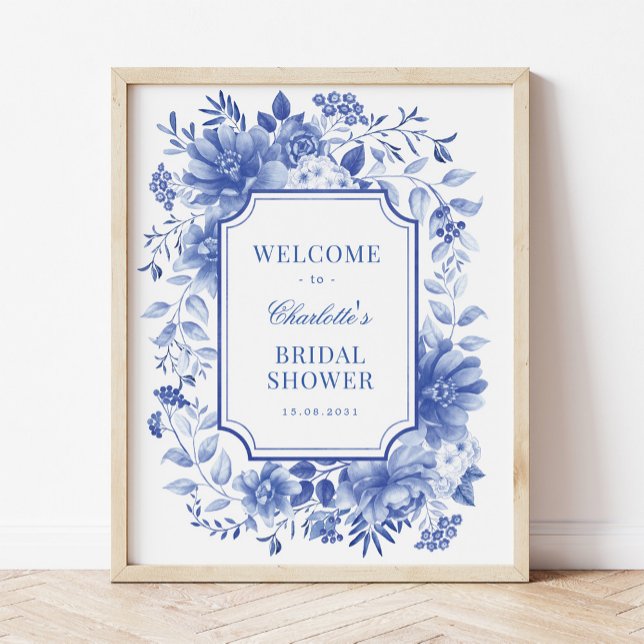 Blue White Peony Chinoiserie Bridal Shower Welcome Poster (Creator Uploaded)