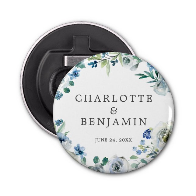 Blue White Peony Floral Custom Spring Wedding Bottle Opener (Front)