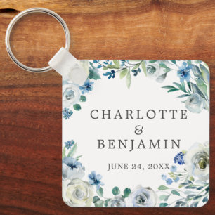 Blue White Peony Floral Custom Spring Wedding Key Ring