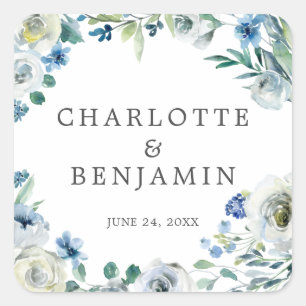 Blue White Peony Floral Custom Spring Wedding Square Sticker