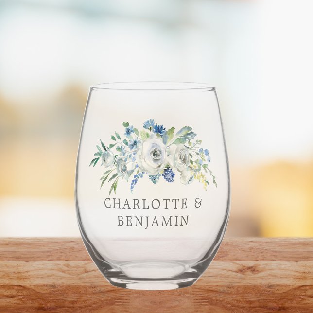 Blue White Peony Floral Custom Spring Wedding Stemless Wine Glass (Creator Uploaded)
