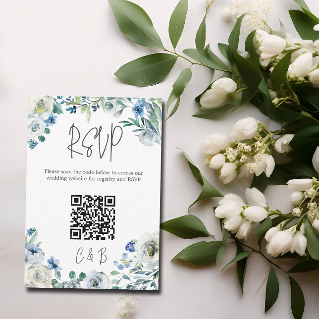 Blue White Peony Floral Spring Wedding QR Code RSVP Card (Creator Uploaded)