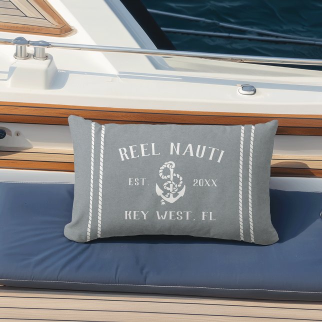 Blue & White Personalised Boat Name Anchor Lumbar Cushion (Creator Uploaded)