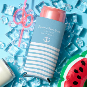 Blue White Personalised Destination Wedding Favour Seltzer Can Cooler