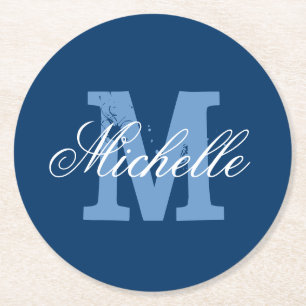 Blue & white personalised monogram paper coasters