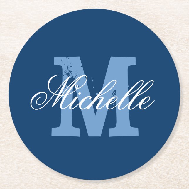 Blue & white personalised monogram paper coasters (Front)