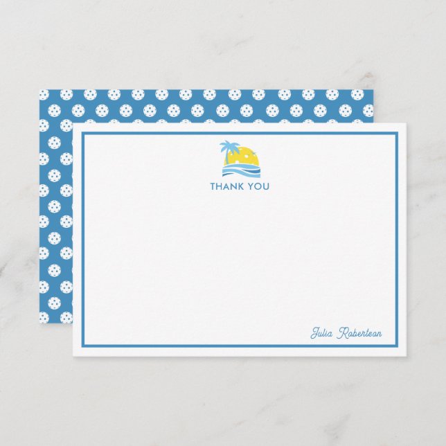 Blue White Personalised Monogram Pickleball Sun Thank You Card (Front/Back)