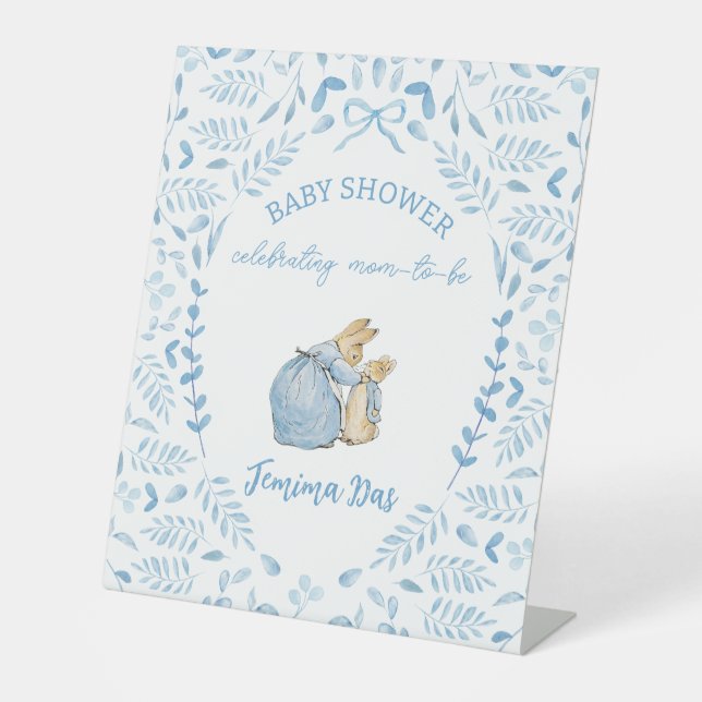 Blue White Peter the Rabbit Beatrix Baby Shower Pedestal Sign (Front)