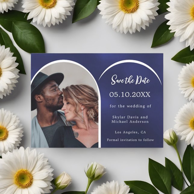 Blue white photo arch wedding save the date (Creator Uploaded)