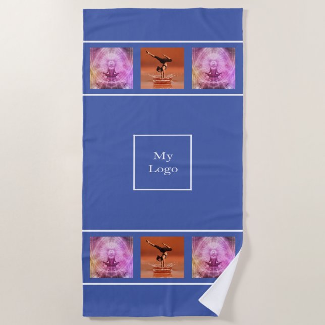 Blue white photo business logo beach towel (Front)