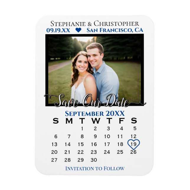 Blue & White Photo Calendar Save Our Date Wedding Magnet (Vertical)