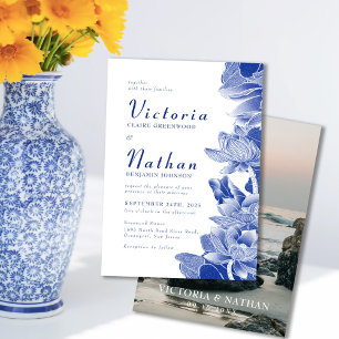 Blue & White Photo Floral Chinoiserie Wedding  Invitation