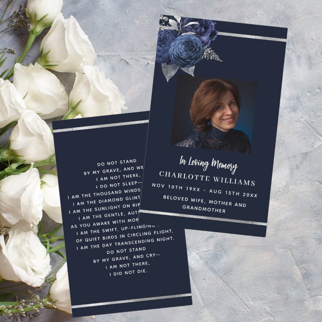 Blue white photo floral funeral prayer card (Creator Uploaded)