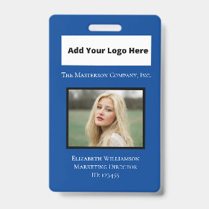Blue White Photo Logo Barcode Employee ID Badge