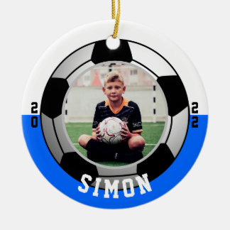 Blue White Photo Soccer One Sided Ceramic Ornament