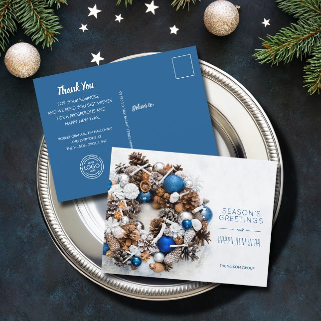 Blue White Pine Wreath Business Holiday Postcard (Blue White Pine Wreath Business Holiday Greeting Christmas Postcards)