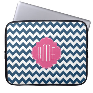 Blue White Pink Chevron Quatrefoil Monogram Laptop Sleeve