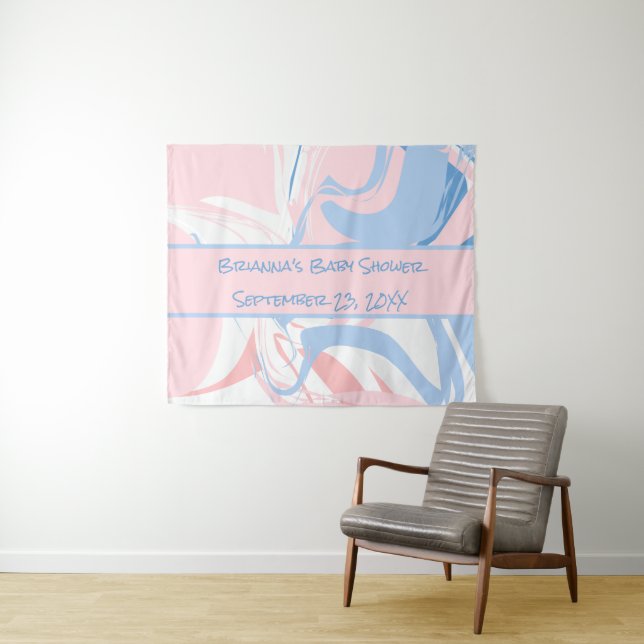 Blue White Pink Marble Swirl Baby Shower Tapestry (In Situ (Horizontal))