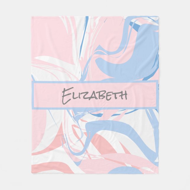 Blue White Pink Marble Swirl Personalised Fleece Blanket (Front)