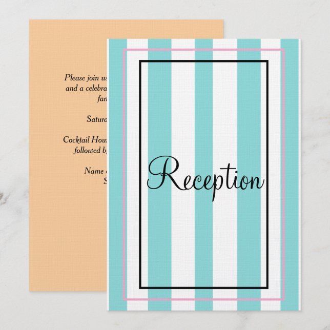 Blue White Pink Monogram Stripes Reception Invitation (Front/Back)
