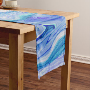 Blue White Pink Teal Lilac Marble Agate Abstract Short Table Runner