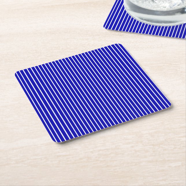 Blue White Pinstripe Square Paper Coaster (Angled)