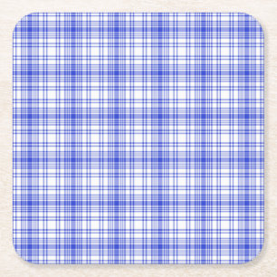 Blue White Plaid 2 Square Paper Coaster