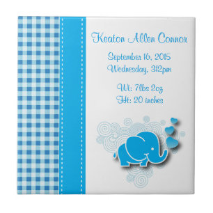 Blue & White Plaid Baby Elephant Birth Information Ceramic Tile