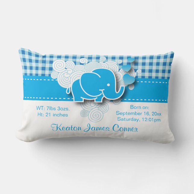 Blue & White Plaid Baby Elephant Design Lumbar Cushion (Front)