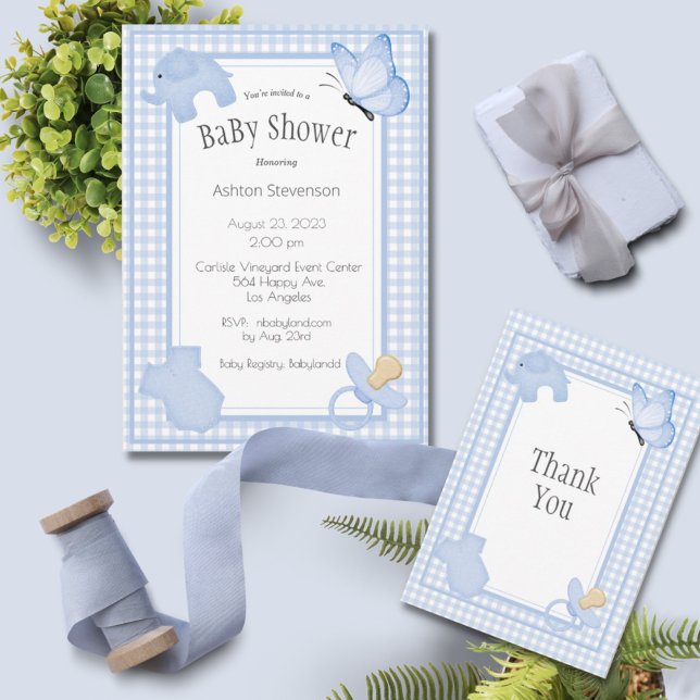 Blue White Plaid Gingham Boy Baby Shower Invitation (Creator Uploaded)