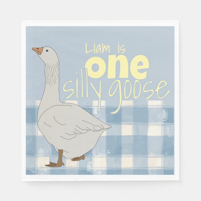 Blue & White Plaid Napkin One Silly Goose  (Front)