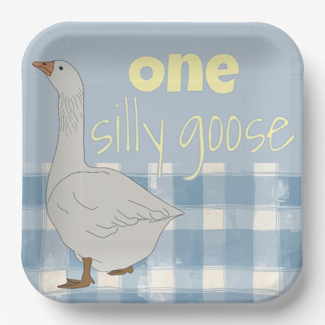 Blue & White Plaid One Silly Goose  Paper Plate (Front)