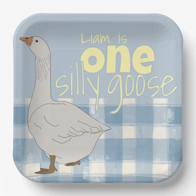 Blue & White Plaid One Silly Goose  Paper Plate (Front)