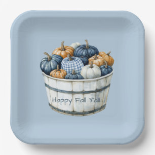 Blue White Plaid Orange Pumpkin Bucket Paper Plate