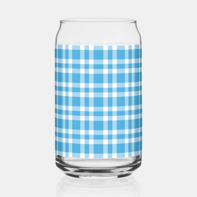 Blue White Plaid Pattern Can Glass (Front)