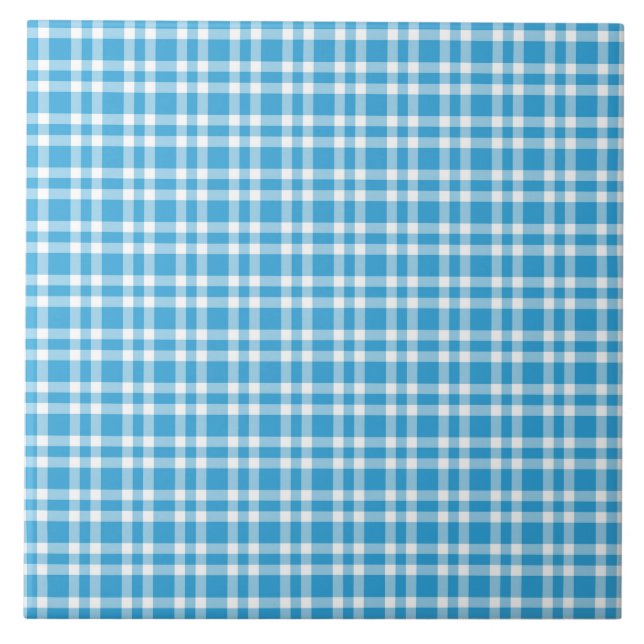 Blue White Plaid Pattern Ceramic Tile (Front)