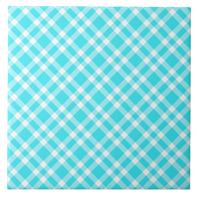 Blue White Plaid Pattern Ceramic Tile (Front)
