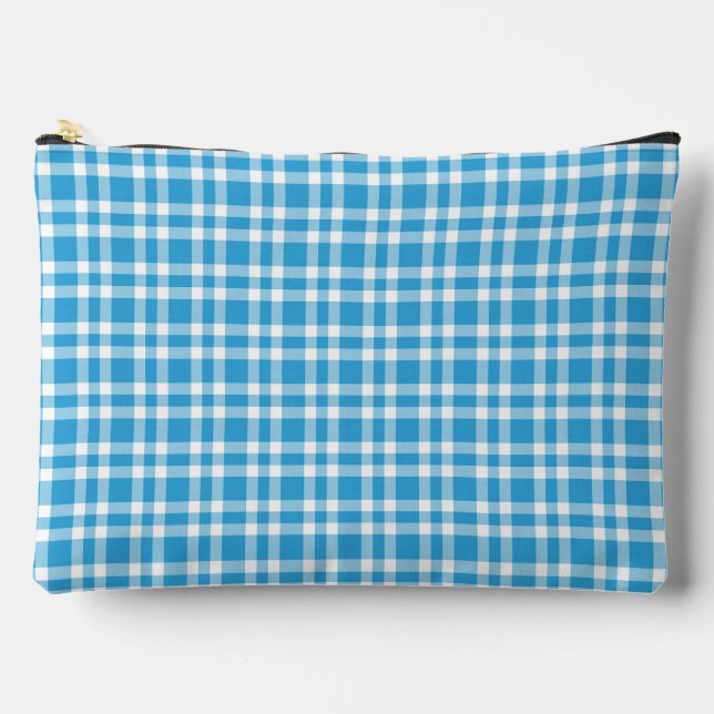 Blue White Plaid Pattern Large Accessory Pouch (Front)
