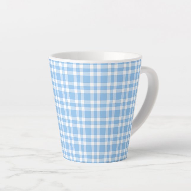 Blue White Plaid Pattern Latte Mug (Right Angle)