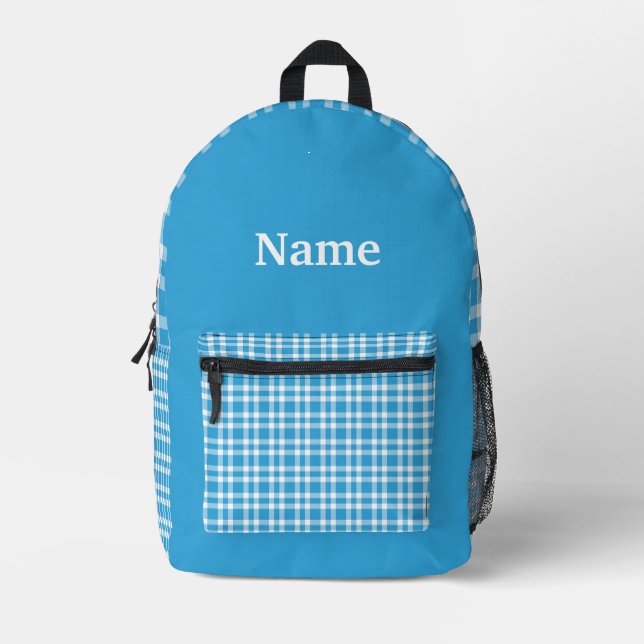 Blue White Plaid Personalise Pattern Printed Backpack (Front)