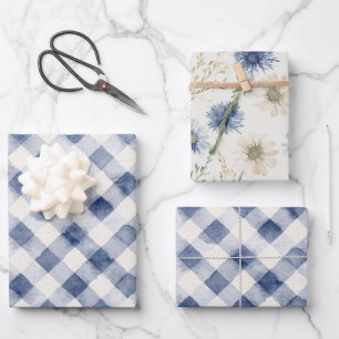 Blue White Plaid Stripes Birthday Wrapping Paper Sheet